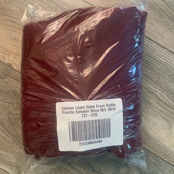 NWT‎ COLLEEN LOPEZ OPEN FRONT RUFFLE PONCHO SWEATER WINE M/L - Picture 9 of 11